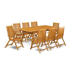 East West Furniture DECN9C5NA 9-Pc Outdoor Dining Table Set- 8 Folding Arm Chairs For Outside Slatted Back and Patio Table and Rectangle Top with Wood 4 legs - Natural Oil Finish