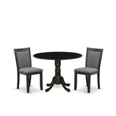 East West Furniture 3-Piece Dining Set Includes a Dining Table with Drop Leaves and 2 Dark Gotham Grey Linen Fabric Dining Chairs - Wire Brushed Black Finish
