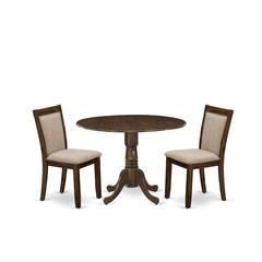 East West Furniture 3-Piece Dining Room Set Consists of a Pedestal Table with Drop Leaves and 2 Light Tan Linen Fabric Dining Chairs - Sand Blasting Antique Walnut Finish