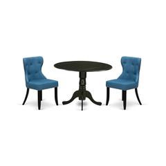 East-West Furniture DLSI3-BLK-21 - A dining room table set of two amazing indoor dining chairs with Linen Fabric Mineral Blue color and a fantastic wood pedestal kitchen table using Black color