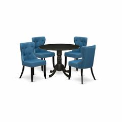 East-West Furniture DLSI5-ABK-21 - A dining room table set of 4 wonderful kitchen chairs using Linen Fabric Mineral Blue color and a beautiful wood pedestal kitchen table using Wire brushed Black