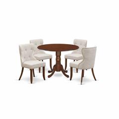 East-West Furniture DLSI5-MAH-35 - A dining room table set of 4 amazing kitchen chairs using Linen Fabric Doeskin color and an attractive two 9" drop leaf round wooden table in Mahogany Finish