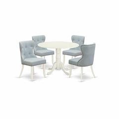 East-West Furniture DLSI5-WHI-15 - A kitchen dining table set of 4 amazing kitchen dining chairs with Linen Fabric Baby Blue color and a beautiful dinner table with Linen White color