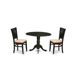 East West Furniture - DLVA3-BLK-C - 3-Piece Dining Table Set- 2 Wooden Chair with Linen Fabric Seat and Slatted Chair Back - Drop Leaves Modern Dining Room Table - Black Finish