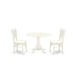 East West Furniture - DLVA3-LWH-W - 3-Piece Dining Table Set- 2 Kitchen Chairs with Wooden Seat and Slatted Chair Back - Drop Leaves Dining Table - Linen White Finish
