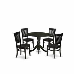 East West Furniture - DLVA5-BLK-W - 5-Piece Dinette Set- 4 Dining Room Chair with Wooden Seat and Slatted Chair Back - Drop Leaves Modern Dining Room Table - Black Finish