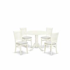East West Furniture - DLVA5-LWH-C - 5-Piece Kitchen Table Set- 4 Dining Chairs with Linen Fabric Seat and Slatted Chair Back - Drop Leaves Dining Table - Linen White Finish