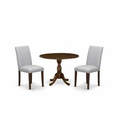 East West Furniture DMAB3-AWA-05 3 Piece Kitchen Table Set Includes 1 Drop Leaves Wood Table and 2 Grey Linen Fabric Parson Dining Room Chairs with High Back - Acacia Walnut Finish