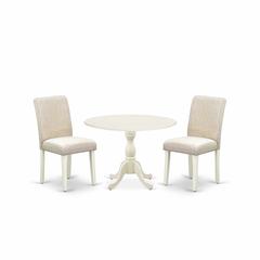 East West Furniture DMAB3-LWH-02 3 Piece Dining Room Set Includes 1 Drop Leaves Wood Table and 2 Light Beige Linen Fabric Dinning Chairs with High Back - Linen White Finish