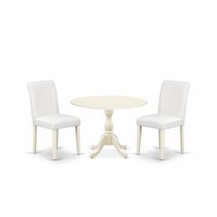 East West Furniture DMAB3-LWH-64 3 Piece Dining Room Set Includes 1 Drop Leaves Dining Table and 2 White PU Leather Upholstered Dining Chairs with High Back - Linen White Finish