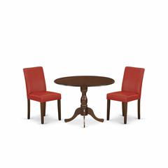 East West Furniture DMAB3-MAH-72 3 Piece Kitchen Table Set Includes 1 Drop Leaves Dining Room Table and 2 Firebrick Red PU Leather Upholstered Chair with High Back - Mahogany Finish