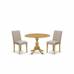 East West Furniture DMAB3-OAK-04 3 Piece Dining Table Set - Oak Small Dining Table and 2 Light Tan Linen Fabric Modern Dining Chairs with High Back - Oak Finish