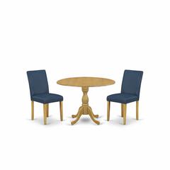 East West Furniture DMAB3-OAK-55 3 Piece Kitchen Table Set - Oak Dining Table and 2 Oasis Blue PU Leather Dining Room Chairs with High Back - Oak Finish
