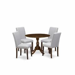 East West Furniture 5 Piece Kitchen Table Set Contains 1 Drop Leaves Wooden Table and 4 Grey Linen Fabric Parson Dining Chairs with High Back - Acacia Walnut Finish