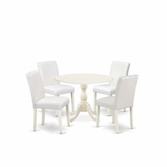 East West Furniture DMAB5-LWH-64 5 Piece Dinning Room Table Set Contains 1 Drop Leaves Wooden Table and 4 White PU Leather Upholstered Chair with High Back - Linen White Finish