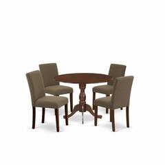 East West Furniture DMAB5-MAH-18 5 Piece Wood Dining Table Set Consists of 1 Drop Leaves Kitchen Table and 4 Coffee Linen Fabric Kitchen Chairs with High Back - Mahogany Finish