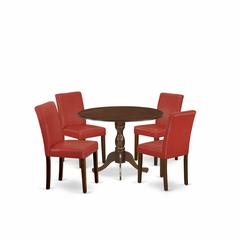 East West Furniture DMAB5-MAH-72 5 Piece Dining Table Set Contains 1 Drop Leaves Dining Table and 4 Firebrick Red PU Leather Upholstered Chairs with High Back - Mahogany Finish