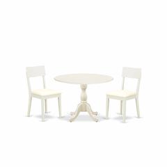 East West Furniture DMAD3-LWH-C 3 Piece Dinette Set Consists of 1 Drop Leaves Modern Dining Room Table and 2 Linen White Faux Leather Dining Room Chairs with Ladder Back - Linen White Finish