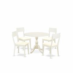 East West Furniture DMAD5-LWH-C 5 Piece Dining Room Set Consists of 1 Drop Leaves Dining Table and 4 Linen White Faux Leather Dining Chair with Ladder Back - Linen White Finish