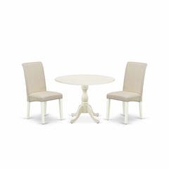 East West Furniture DMBA3-LWH-01 3 Piece Dinning Room Table Set Contains 1 Drop Leaves Dining Table and 2 Cream Linen Fabric Upholstered Chair with High Back - Linen White Finish