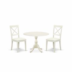 East West Furniture DMBO3-LWH-C 3 Piece Dinning Room Table Set Consists of 1 Drop Leaves Modern Dining Table and 2 Linen White Faux Leather Kitchen Chairs with X-Back - Linen White Finish