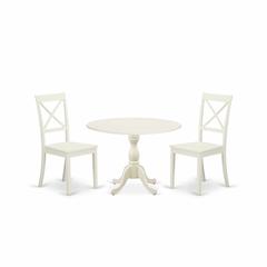 East West Furniture DMBO3-LWH-W 3 Piece Dinning Room Table Set Consists of 1 Drop Leaves Dining Room Table and 2 Linen White Wood Chair with X-Back - Linen White Finish
