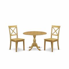 East West Furniture DMBO3-OAK-W 3 Piece Dining Room Table Set - Dropleaf Oak Dining Room Table and 2 Oak Wooden Dining Chairs with X-Back - Oak Finish