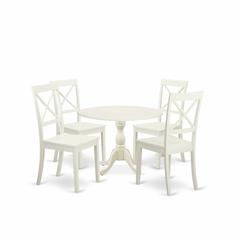 East West Furniture DMBO5-LWH-W 5 Piece Wood Dining Table Set Consists of 1 Drop Leaves Dining Table and 4 Linen White Wooden Kitchen Chairs with X-Back - Linen White Finish
