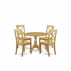 East West Furniture DMBO5-OAK-W 5 Pc Dining Table Set - Mid Century Modern Dining Room Table and 4 Oak Wooden Dining Room Chairs with X-Back - Oak Finish
