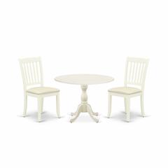East West Furniture DMDA3-LWH-C 3 Piece Dining Room Table Set Includes 1 Drop Leaves Dining Room Table and 2 Linen White Wooden Dining Chairs with Slatted Back - Linen White Finish