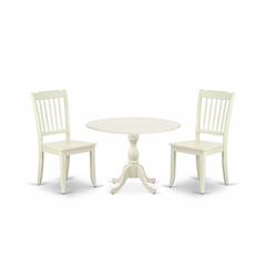 East West Furniture DMDA3-LWH-W 3 Piece Dining Table Set Consists of 1 Drop Leaves Wooden Dining Table and 2 Linen White Mid Century Modern Dining Chairs with Slatted Back - Linen White Finish