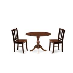 DMDL3-MAH-W - 3-Pc Dinette Set- 2 Mid Century Chair with Wooden Seat and Slatted Chair Back - Dropleafs dining table - Mahogany Finish