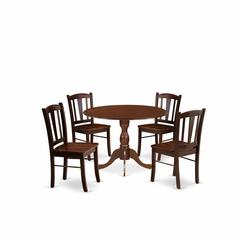 DMDL5-MAH-W - 5-Pc Kitchen Dining Room Set- 4 Dining Chairs with Wooden Seat and Slatted Chair Back - Dropleafs Dining Room Table - Mahogany Finish