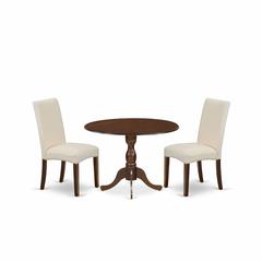 East West Furniture DMDR3-MAH-01 3 Piece Wooden Dining Table Set Includes 1 Drop Leaves Dining Table and 2 Cream Linen Fabric Upholstered Dining Chairs with High Back - Mahogany Finish
