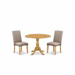 East West Furniture DMDR3-OAK-16 3 Piece Table and Chairs Dining Set - Oak Modern Dining Table and 2 Dark Khaki Linen Fabric Modern Chairs with High Back - Oak Finish