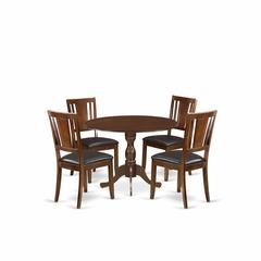 5 Piece Wood Dining Table Set Consists of 1 Drop Leaves Wooden Dining Table and 4 Mahogany Faux Leather Dining Chair with Panel Back - Mahogany Finish
