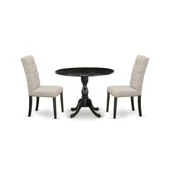 East West Furniture DMEL3-ABK-35 3 Piece Wood Dining Table Set Includes 1 Drop Leaves Dining Table and 2 Doeskin Linen Fabric Dining Room Chair with High Back - Wire Brushed Black Finish