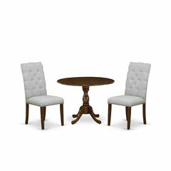 East West Furniture DMEL3-AWA-05 3 Piece Dinette Sets Contains 1 Drop Leaves Modern Kitchen Table and 2 Grey Linen Fabric Parsons Chair Button Tufted Back with Nail Heads - Acacia Walnut Finish