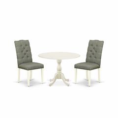 East West Furniture DMEL3-LWH-07 3 Piece Dining Room Set Consists of 1 Drop Leaves Dining Table and 2 Smoke Linen Fabric Parson Dining Chairs Button Tufted Back with Nail Heads - Linen White Finish