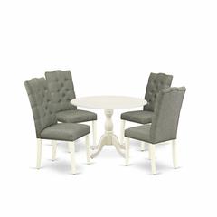 East West Furniture DMEL5-LWH-07 5 Piece Dining Table Set Includes 1 Drop Leaves Wooden Table and 4 Smoke Linen Fabric Dining Room Chairs Button Tufted Back with Nail heads - Linen White Finish