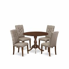 East West Furniture DMEL5-MAH-16 5 Piece Dining Set Includes 1 Drop Leaves Wooden Table and 4 Dark Khaki Linen Fabric Parsons Chair Button Tufted Back with Nail Heads - Mahogany Finish
