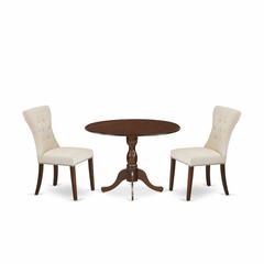 East West Furniture DMGA3-MAH-32 3 Piece Modern Dining Table Set - Mahogany Dinning Table and 2 Light Tan Linen Fabric Upholstered Dining Chairs Button Tufted Back with Nail Heads - Mahogany Finish