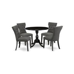 East West Furniture DMGA5-ABK-50 5 Pc Dining Set Includes 1 Drop Leaves Table and 4 Dark Gotham Grey Linen Fabric Dining Chair Button Tufted Back with Nail Heads - Wire Brushed Black Finish