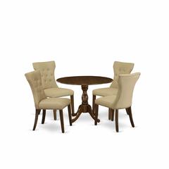 East West Furniture 5 Piece Wood Dining Table Set Contains 1 Drop Leaves Dining Table and 4 Brown Linen Fabric Kitchen Chair Button Tufted Back with Nail Heads - Acacia Walnut Finish