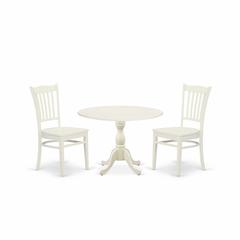 East West Furniture DMGR3-LWH-W 3 Piece Dinette Set Contains 1 Drop Leaves Modern Dining Table and 2 Black Wooden Dining Chairs with Slatted Back - Linen White Finish