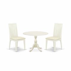 East West Furniture DMIP3-LWH-C 3 Piece Dining Room Table Set Contains 1 Drop Leaves Dining Room Table and 2 Linen White Dining Room Chairs with Slatted Back - Linen White Finish