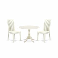 East West Furniture DMIP3-LWH-W 3 Piece Dinette Set Contains 1 Drop Leaves Dining Room Table and 2 Black Dinning Chairs with Slatted Back - Linen White Finish