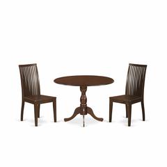 East West Furniture DMIP3-MAH-W 3 Piece Dropleaf Dining Table Set - Mahogany Wood Table and 2 Mahogany Kitchen Table Chairs with Slatted Back - Mahogany Finish