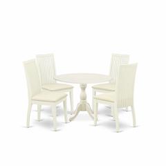East West Furniture DMIP5-LWH-C 5 Piece Dining Room Set Contains 1 Drop Leaves Dining Table and 4 Linen White Mid Century Chair with Slatted Back - Linen White Finish
