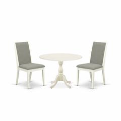 East West Furniture DMLA3-LWH-06 3 Piece Wooden Dining Table Set Includes 1 Drop Leaves Dining Table and 2 Shitake Linen Fabric Upholstered Dining Chair with High Back - Linen White Finish